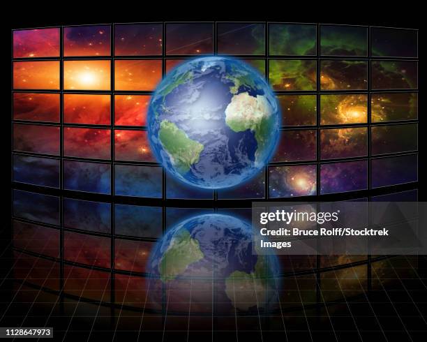 video screens with planet earth - video presentation stock illustrations