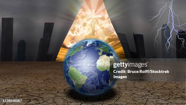 illustrazioni stock, clip art, cartoni animati e icone di tendenza di curtain of dystopic world opens to reveal a shinning cross and other world. - apocalisse