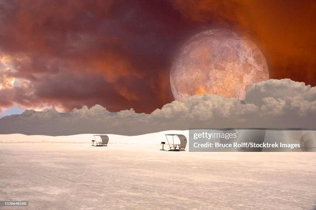 Surreal desert planet with arbors. Giant moon in red sky