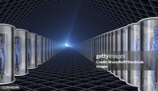 androids in storage or transport on ship. - warehouse background stock illustrations
