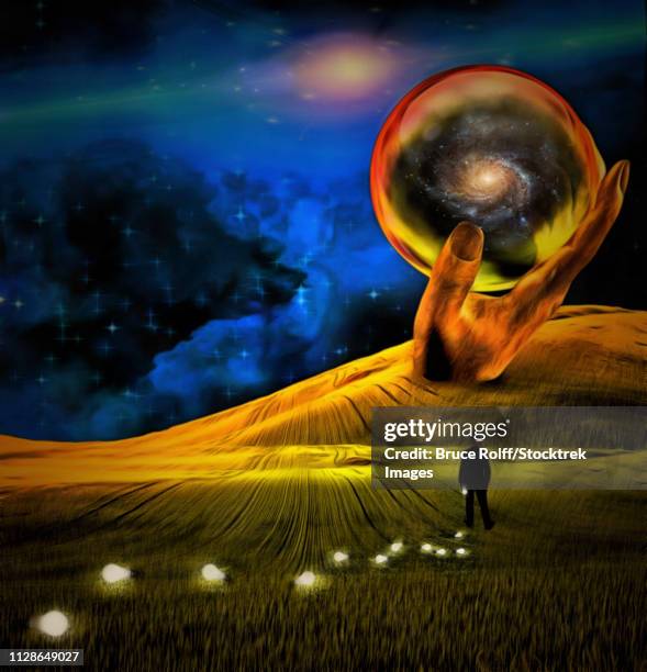 illustrations, cliparts, dessins animés et icônes de surreal painting. giant stone hand holds crystal ball. man in suit is losing light bulbs in green field. light bulbs symbolizes ideas. - crystal ball