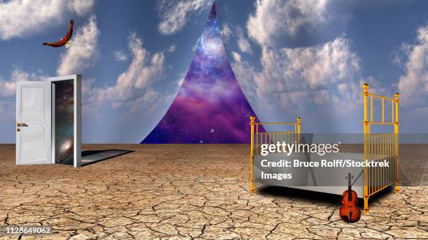 surrealism. bed and violin in arid land. opened door to another world. eagle in the sky. universe behind curtains of sky. - haus und extravagant stock-grafiken, -clipart, -cartoons und -symbole