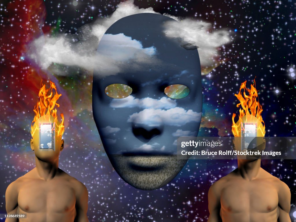 Surreal painting. Mask with image of clouds and field. Burning man's head with open door to another world instead of face.
