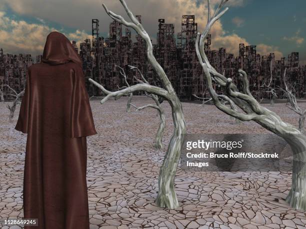 robed figure before detroyed city - urban sprawl before after stock illustrations