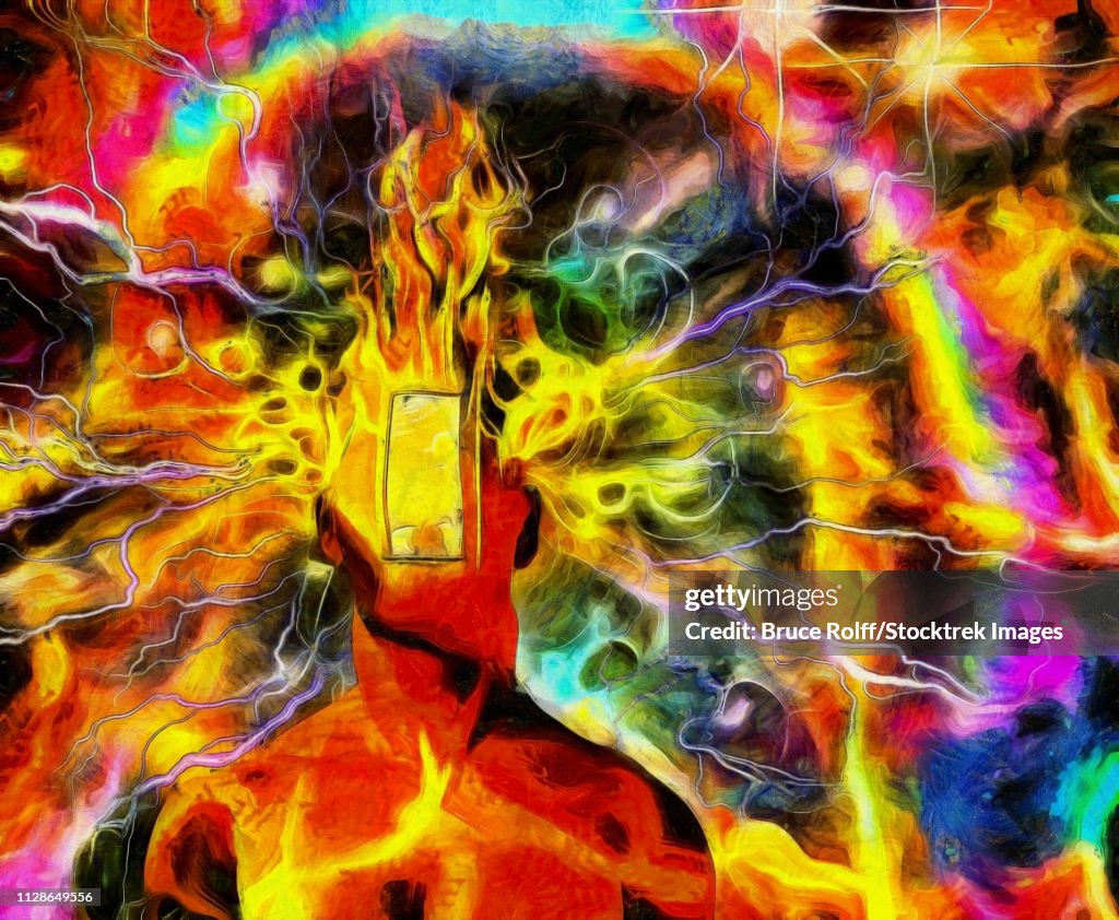Surreal painting. Burning man's head with open door instead of face and lightnings. Colorful background with rainbow.
