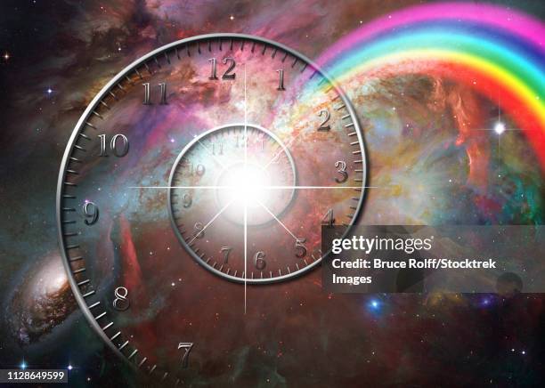 time spiral in universe. rainbow - big clock hand stock illustrations
