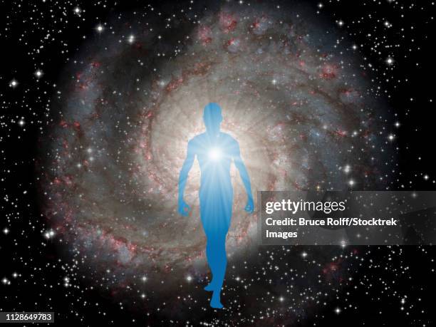 figure emerges from the space - light path tunnel stock illustrations