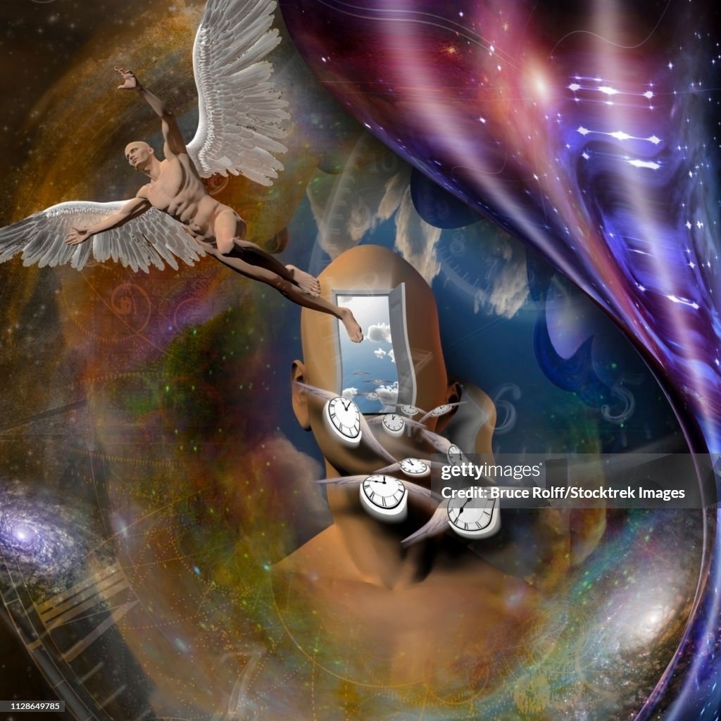 Surrealism. Man's head with opened door to another world. Naked man with wings represents angel. Winged clocks symbolizes flow of time. Warped space.