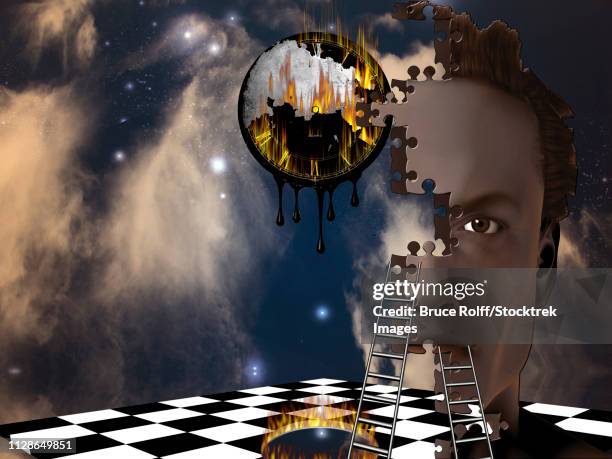 surreal composition. burning time and face made from puzzle pieces - hirnverbrannt stock-grafiken, -clipart, -cartoons und -symbole