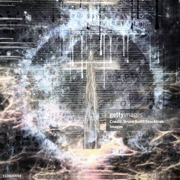 abstract religious composition. christian cross, latin text at the background. 3d rendering - book of revelation stock illustrations