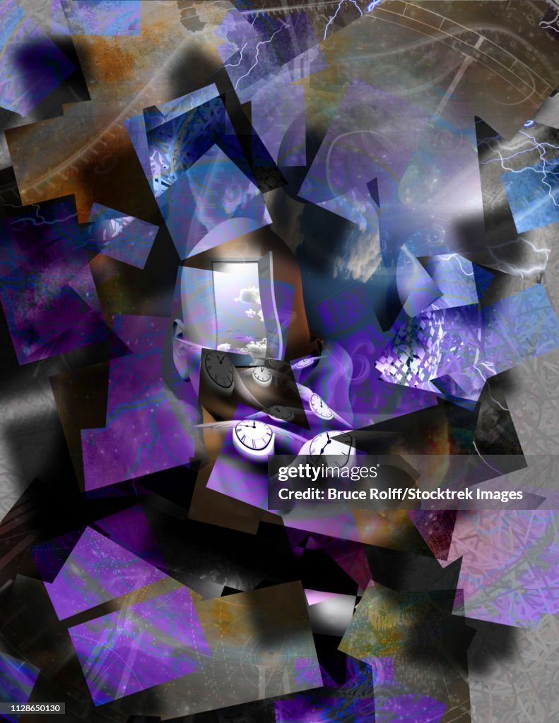 Surrealism. Man's head with opened door to another world. Winged clocks symbolizes flow of time.