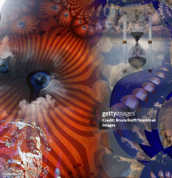 surreal painting. endless dimensions. eye behind keyhole. buddha and hourglass. - endless reflection stock illustrations
