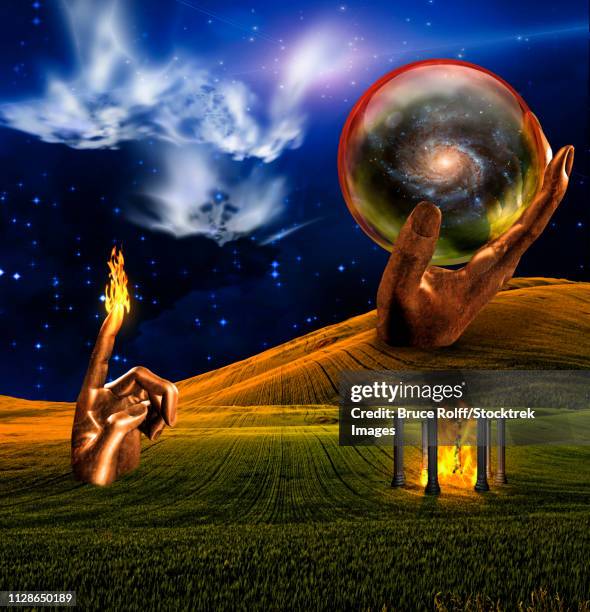 landscape with fire temple and faces in clouds - force field stock illustrations
