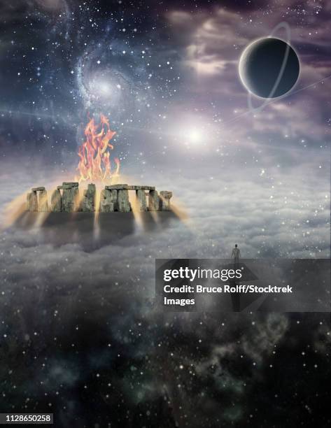 fire burns in ancient temple - stonehenge stock illustrations