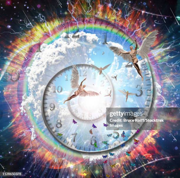 vivid galaxy. naked winged men represents angels. 3d rendering. - eternity clock stock illustrations