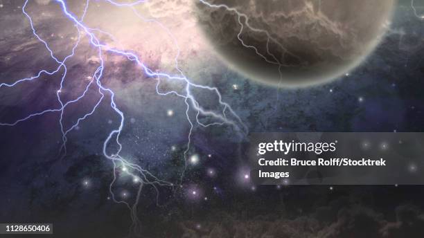 deep space scene. lightnings and mystic planet - dust storm stock illustrations