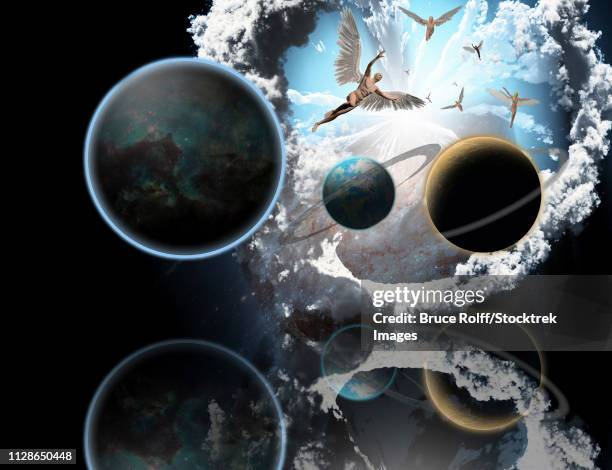 surreal composition. exoplanets and earth with artificial planetary ring. angels fly in the sky. 3d rendering - eternity ring stock illustrations