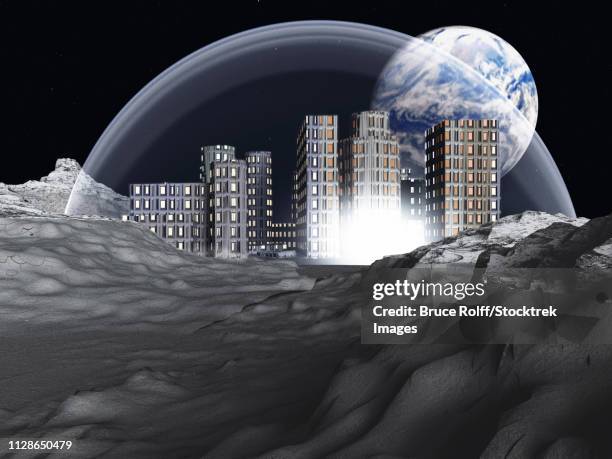 lunar colony - dramatic city stock illustrations