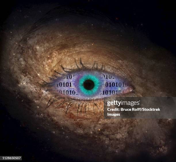 eye in space with binary code - head exploding stock illustrations