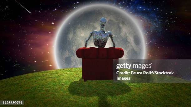 surreal composition. rusted alien sits in red armchair and observer bright moon. 3d rendering - endless possibilities stock illustrations