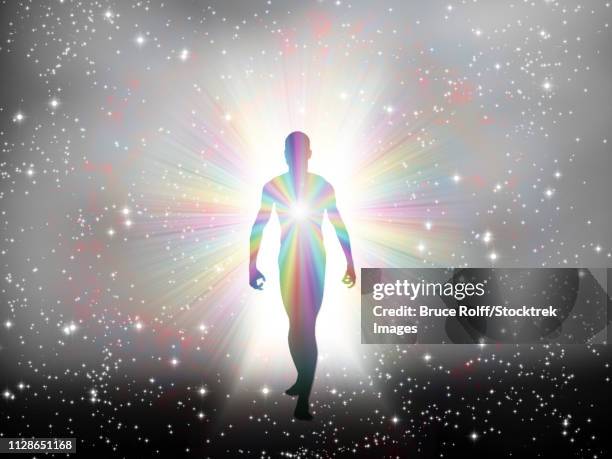 stockillustraties, clipart, cartoons en iconen met man in rainbow light and stars - deurkozijn