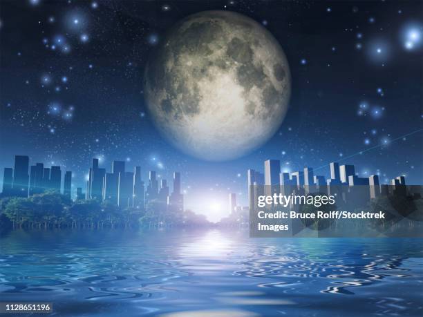 surreal digital art. city surrounded by green trees in water world. giant moon in the sky. - colony group of animals stock illustrations