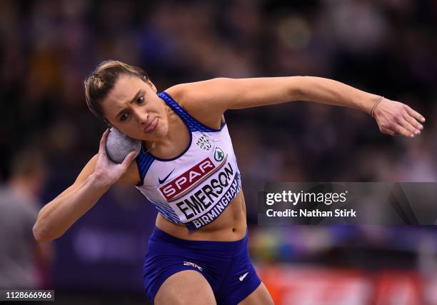 Niamh Emerson of Amber Valley throws during the Women's Shot Put Final during Day Two of the SPAR British Athletics Indoor Championships at Arena...