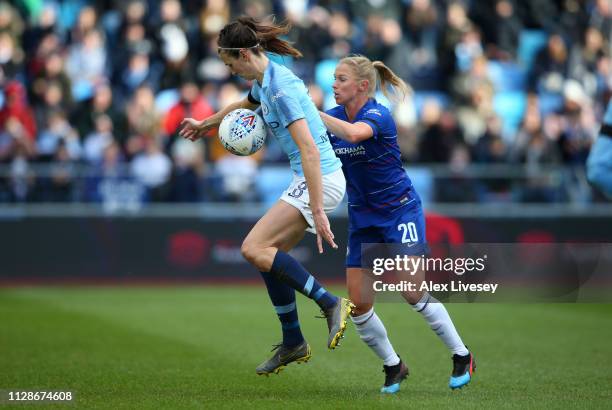 Jill Scott of Manchester City Women shields the ball from Jonna Andersson of Chelsea Women during the FA WSL match between Manchester City Women and...