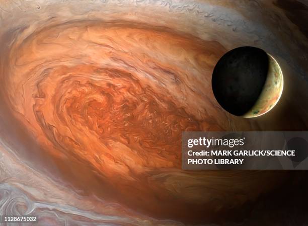 jupiter's great red spot and io, illustration - moon stock illustrations