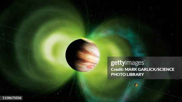 jupiter and io interaction, illustration - magnetic field stock illustrations