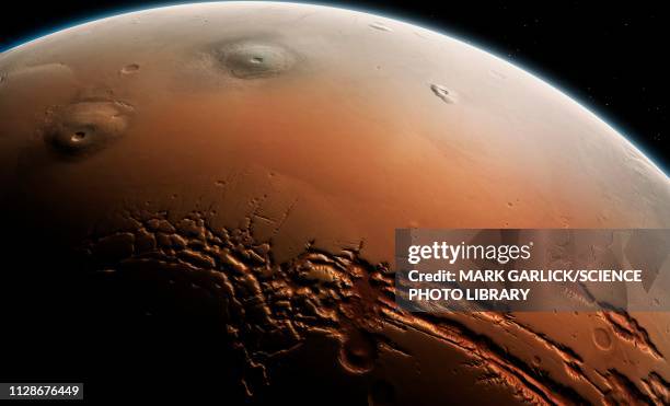 mars, tharsis and valles marineris, illustration - mars planet stock-grafiken, -clipart, -cartoons und -symbole