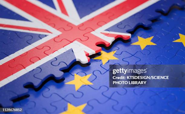 illustrazioni stock, clip art, cartoni animati e icone di tendenza di uk and eu flag jigsaw puzzle, - british and eu flag