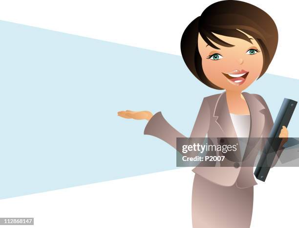 woman gesturing towards a board - professional facing camera stock illustrations