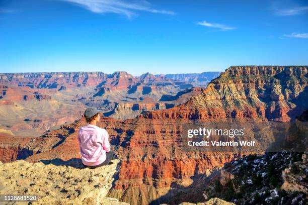 young woman looking into the distance, sitting at the precipice of the gigantic gorge of the grand canyon, view from the rim trail, between mather point and yavapai point, eroded rocky landscape, south rim, grand canyon national park, near tusayan - grand canyon stock-fotos und bilder