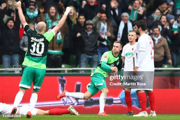 Johannes Eggestein of Bremen celebrates scoring the 2nd team goal during the Bundesliga match between SV Werder Bremen and FC Augsburg at...