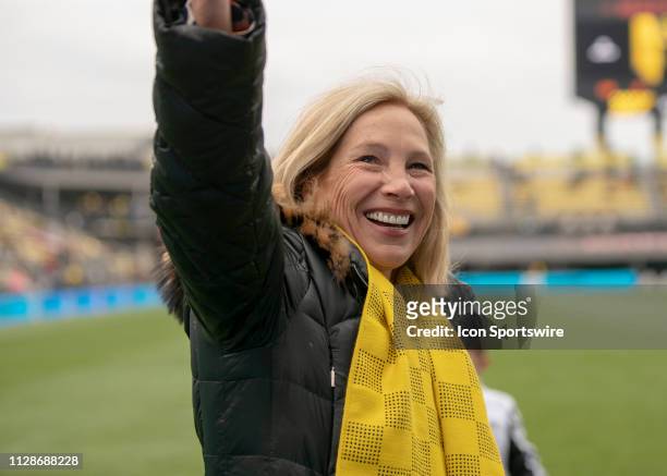 Columbus Crew SC Owner Dee Haslam waving to the fans before the match between the New York Red Bulls at Columbus Crew SC at MAPFRE Stadium in...