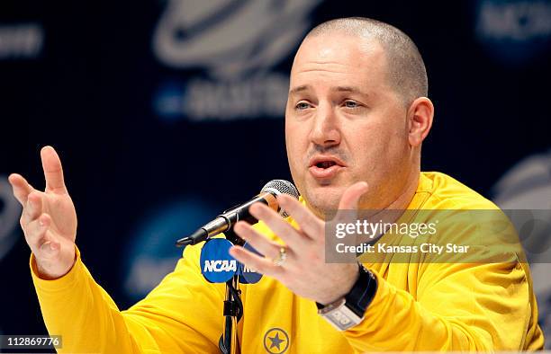 Marquette head coach Buzz Williams talks during a press conference on Saturday, March 21 in Boise, Idaho, leading up to a second-round NCAA...