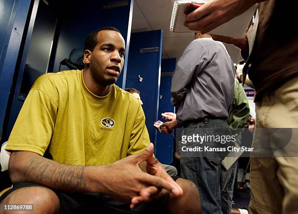 Leo Lyons of Missouri talks to reporters in the locker room on Saturday, March 21 in Boise, Idaho, leading up to a second-round NCAA Tournament game...