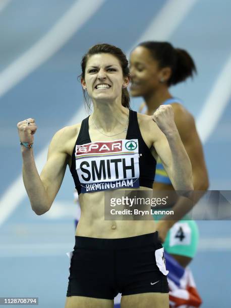 Mari Smith reacts after qualifying for the European Championships during Day Two of the SPAR British Athletics Indoor Championships at Arena...