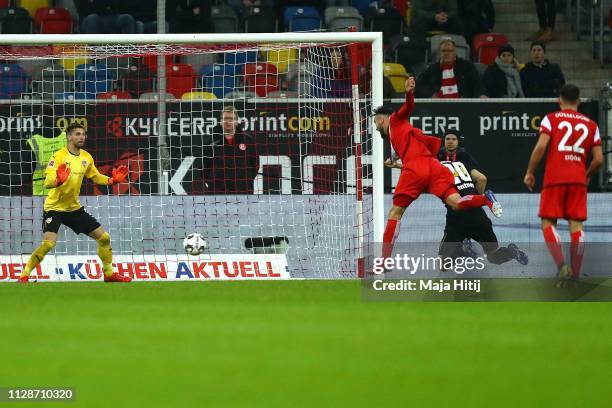 Kenan Karaman of Duesseldorf scores the opening goal during the Bundesliga match between Fortuna Duesseldorf and VfB Stuttgart at Esprit-Arena on...