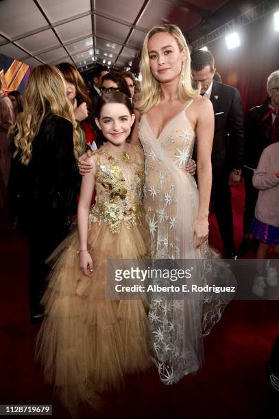 Actors Mckenna Grace and Brie Larson attend the Los Angeles World Premiere of Marvel Studios' "Captain Marvel" at Dolby Theatre on March 4, 2019 in...