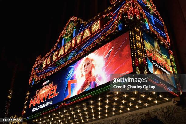 View of the atmosphere during the Los Angeles World Premiere of Marvel Studios' "Captain Marvel" at Dolby Theatre on March 4, 2019 in Hollywood,...
