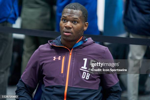 Northwestern cornerback Montre Hartage answers questions from the media during the NFL Scouting Combine on March 03, 2019 at the Indiana Convention...