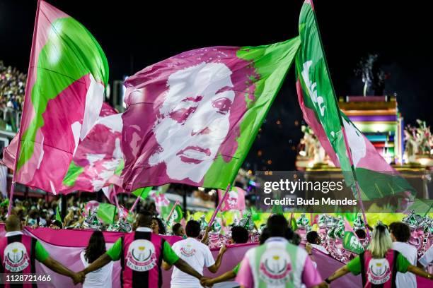 Members of Mangueira Samba School perform during the parade at 2019 Brazilian Carnival at Sapucai Sambadrome on March 04, 2019 in Rio de Janeiro,...