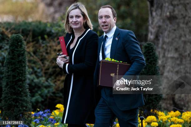 Work and Pensions Secretary Amber Rudd and Health Secretary Matt Hancock arrive for the weekly cabinet meeting at 10 Downing Street on March 5, 2019...