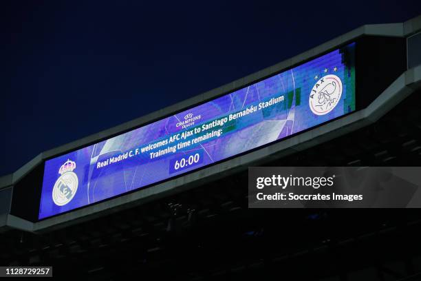 Scorebord of Santiago Bernabeu during the Training Ajax in Madrid at the Santiago Bernabeu on March 4, 2019 in Madrid Spain