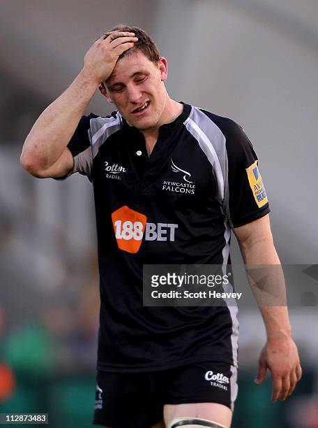 Mark Wilson of Newcastle looks dejected after defeat during the AVIVA Premiership match between Newcastle Falcons and Leicester Tigers at Kingston...