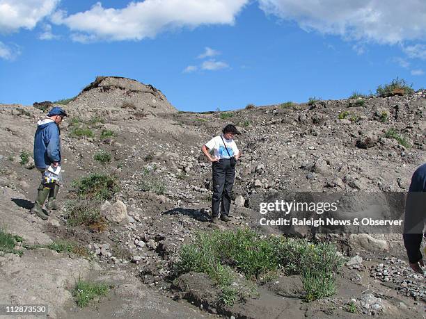 Scientist Anne Hershey of the University of North Carolina at Greensboro and her lab technician Robert Northington examine a section of an arctic...