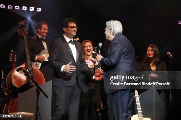 Enrico Macias and his son Jean-Claude Ghrenassia perform for Enrico Macias 80th Anniversary at L'Olympia on February 10, 2019 in Paris, France.