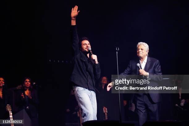 Amir and Enrico Macias perform for Enrico Macias 80th Anniversary at L'Olympia on February 10, 2019 in Paris, France.